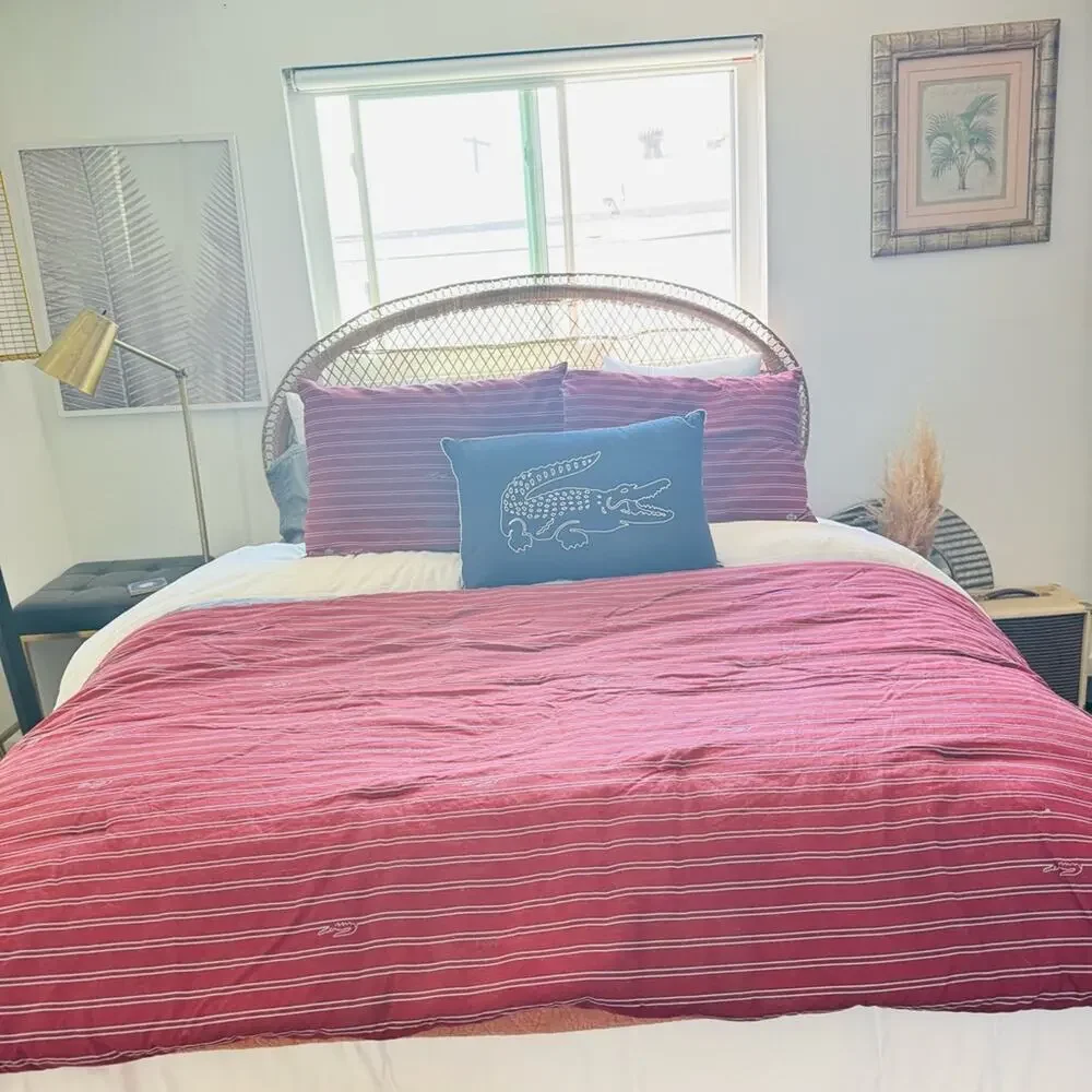 LACOSTE Burgundy Red Light Blue Stripe Comforter Throw Pillow Queen Bedding Set
